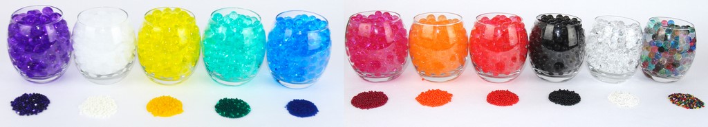 Aspects et couleurs des billes hydrogel, hydratés et deshydraté s