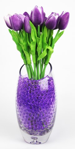 tulipes artificielles dans billes hydrogel violettes